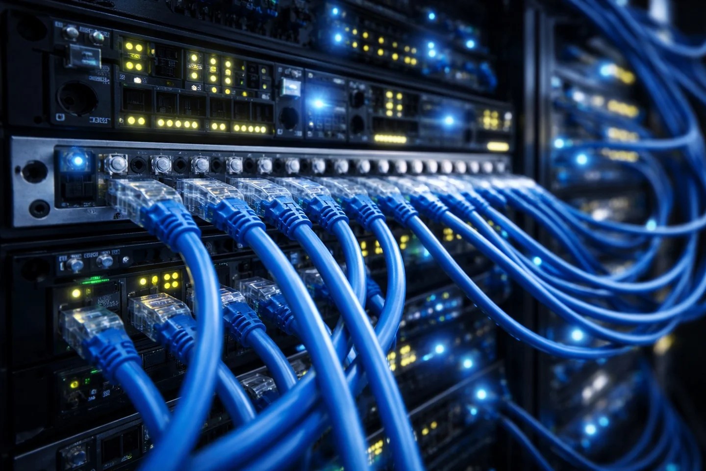 Strukturált hálózat Ethernet-kábelekkel és hálózati kapcsolóval